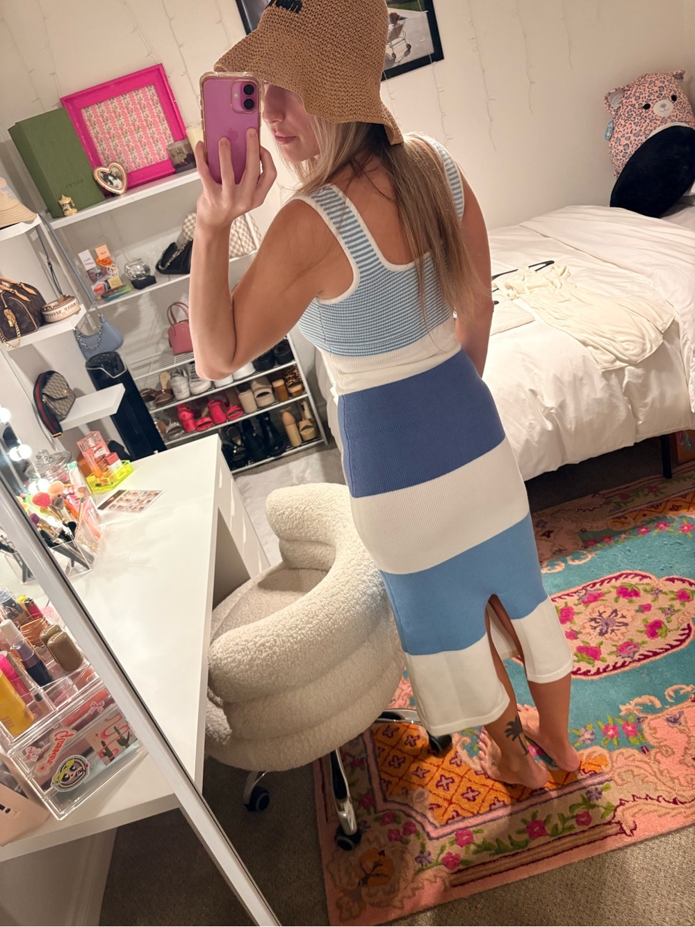 Lulu's Blue and White Striped Sleeveless Midi Knit Dress